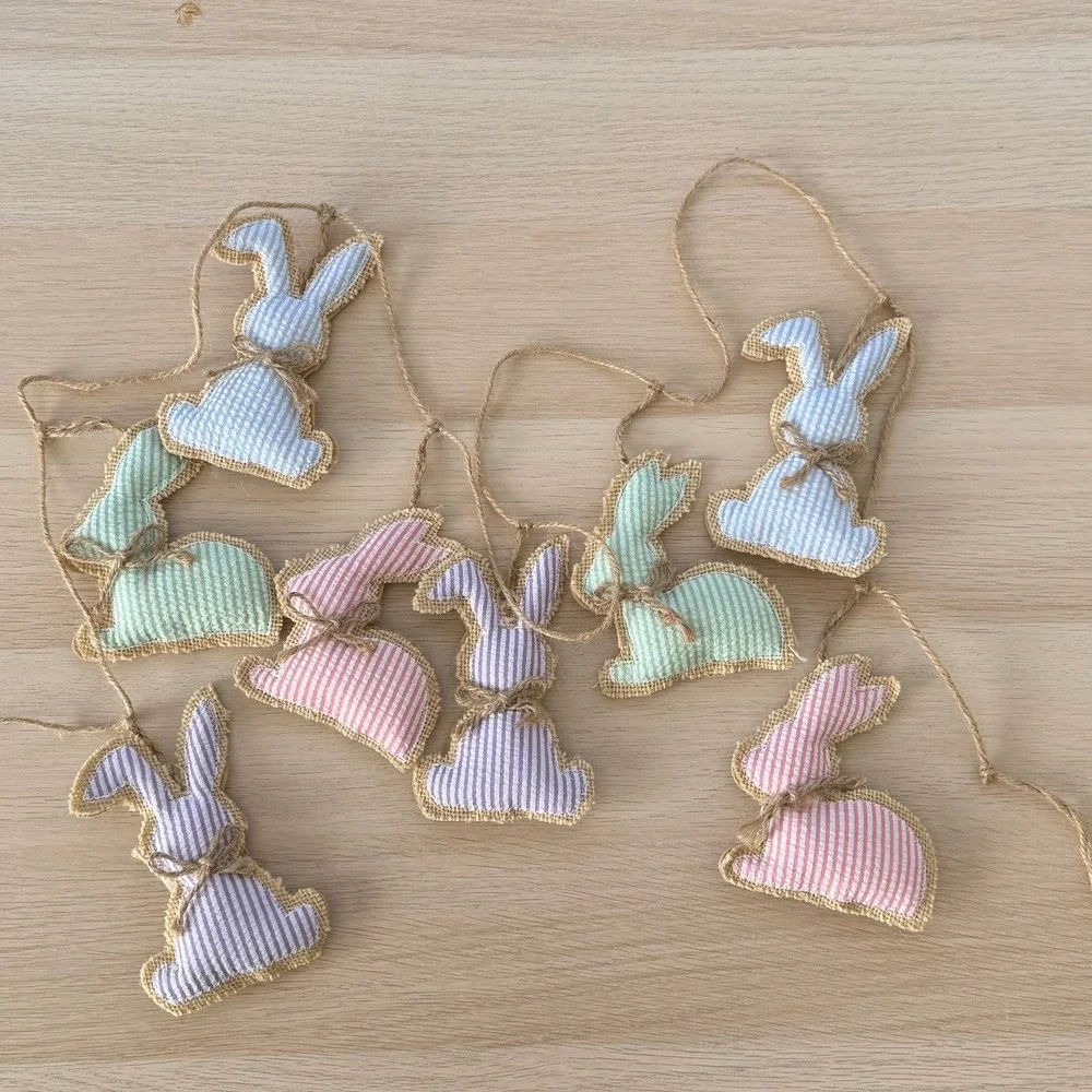 Pastel Easter Bunny Garland Seersucker Fabric Burlap Trim Spring Decor 8 Bunnies